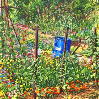 Tuin van Jean-Pol, olieverf, 35 x 35 cm, 8/2019, huile, Jardin de Jean-Pol au Planches