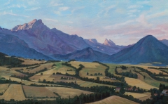 Zonsopgang achter de Grd Ferrand, olieverf, 30 x 48 cm, 8/2003, huile, Lever de soleil derrière le Grd Ferrand