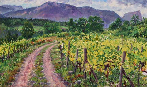 Wjnvelden, olieverf, 29 x 50 cm, 8/2021, huile, Vignobles de Sam à Prébois