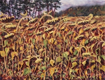 Zonnebloemen van Eric, olieverf, 19 x 25 cm, 10/2017, huile, Tournesols d’Eric