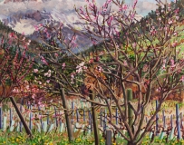 Perzikboompje , olieverf, 20 x 36 cm, 4/2019, huile, Pêcher à La Blâche