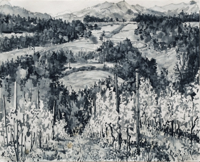 Serre Bertras, sumi-inkt, 30 x 40 cm, 7/2020, encre sumi, Serre Bertras