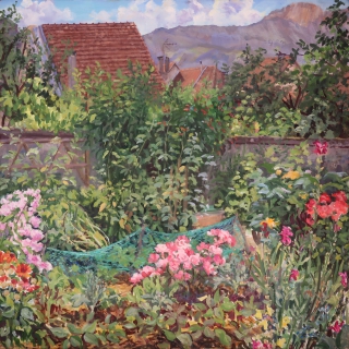 De tuin van Nadine, olieverf, 35 x 35 cm, 7/2020, huile, Le  jardin de Nadine