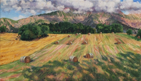 De Obiou, olieverf, 35 x 60 cm, 8/2021, huile, L'Obiou vu de la plaine de Foreyre