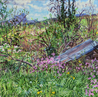 Voorjaar, olieverf, 35 x 35 cm, 5/2023, huile, Printemps dans notre jardin