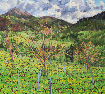Wijngaard, olieverf, 41 x 46 cm, 5/2023, huile, Vignes de Prébois
