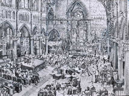 Dominicuskerk Amsterdam, sumi-inkt, 30 x 40 cm, 2025, encre sumi,  Dominicuskerk Amsterdam