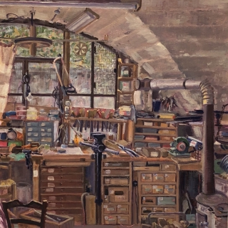 De werkplaats van Camille, olieverf, 35 x 35 cm, 11/2018, huile, L'atelier de Camille