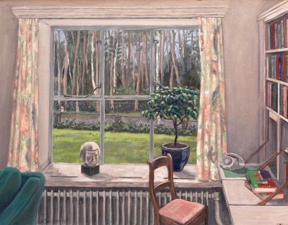 Hoekje Maje - Aalst, olieverf, 30 x 39 cm, 1996, huile,Le bureau de Maje - Aalst