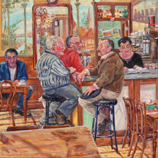 Le Café des Arts, olieverf, 35 x 35 cm, 11/2022, huile, Le Café des Arts