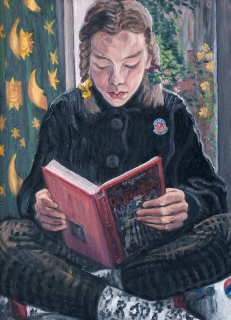 Anna lezend in de Griezelbus, olieverf, 55 x 40 cm, 1997, huile, Anna