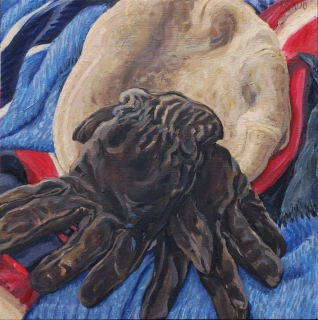 Handschoenen en pet van mijn vader, olieverf, 35 x 35 cm, 2020, huile, Les gants de mon père