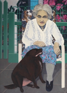 Oma met Tosca, olieverf, 110 x 80 cm, 1988, huile, Grand mère avec Tosca