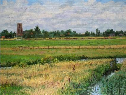 Kerktoren Ransdorp, olieverf, 19 x 25 cm, 7/2007, huile, Le clocher de Ransdorp