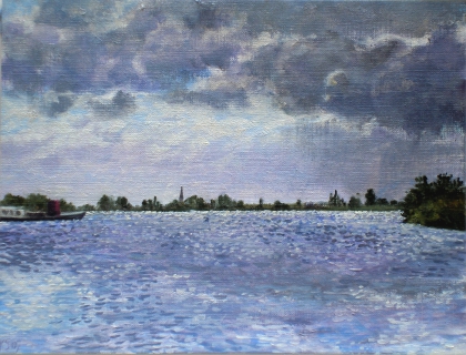 Lek bij IJsselstein, olieverf, 19 x 25 cm, 8/2007, huile, Le Lek à IJsselstein