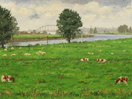 De Lek bij Vreeswijk, olieverf, 19 x 25 cm, 9/2008, huile, Le Lek à Vreeswijk