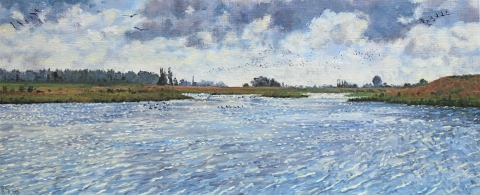 De Lek bij Tull en 't Waal, olieverf, 19 x 46 cm, 9/2008, huile, Le Lek à Tull en ’t Waal