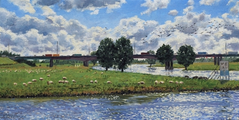 De Lek bij Vreeswijk, olieverf, 20 x 40 cm, 9/2010, huile, Le Lek à Vreeswijk