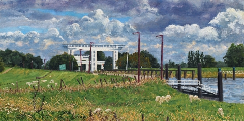 Prinses Beatrixsluis - Vreeswijk, olieverf, 20 x 40 cm, 9/2010, huile, Écluse à Vreeswijk