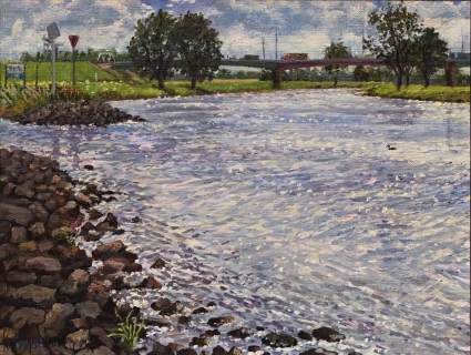 De Lek bij Vreeswijk, olieverf, 19 x 25 cm, 7/2011, huile, Le Lek à Vreeswijk