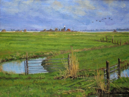 Polder IJdoorn, olieverf, 19 x 25 cm, 3/2007, huile, Polder IJdoorn