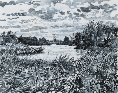 Het Twiske, Landsmeer, sumi-inkt , 24 x 30 cm, 10/2020, encre sumi, Polder Landsmeer