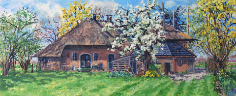 The arrival of spring in Neerijnen, olieverf, 35 x 35 cm, 4/2023, huile, Neerijnen