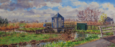 Gemaal bij Zuiderwoude, olieverf, 19 x 46 cm, 3/2025, huile,  Zuiderwoude