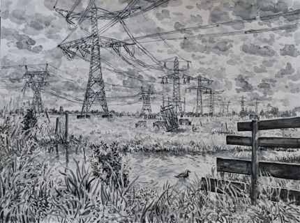 Waterland bij Zunderdorp, sumi-inkt, 30 x 40 cm, 8/2025, encre sumi,  Waterland