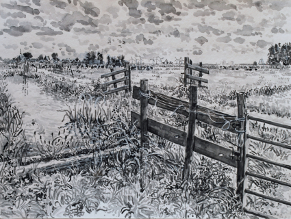 Uiterdammerdijk, sumi-inkt, 30 x 40 cm, 8/2025, encre sumi,  Waterland