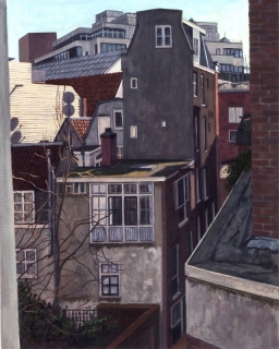 Uitzicht Suikerbakkerssteeg III, Amsterdam, olieverf, 40 x 30 cm, 2003, huile, Amsterdam