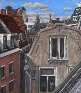 Westertoren vanuit Suikerbakkerssteeg, A’dam, olieverf, 36 x 31 cm, 1996, huile, Amsterdam