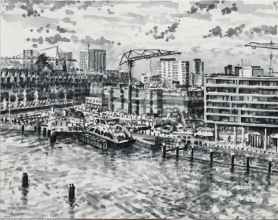 Houthaven, Amsterdam,  sumi-ink,  24 x 30 cm, 11/2019, huile, Amsterdam