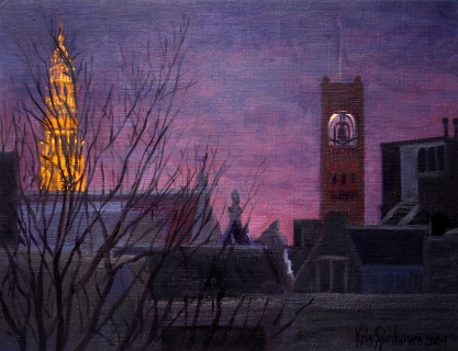 Oude Kerk - Beurs van Berlage, Amsterdam, olieverf, 19 x 25 cm, 12/2004, huile, Amsterdam