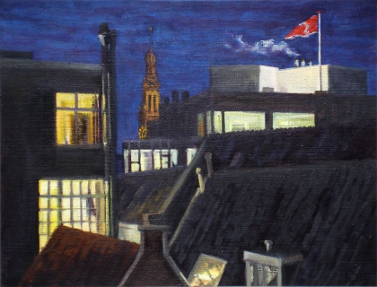 Oude Kerk, gezien vanuit Spuistraat, A’dam, olieverf, 19 x 25 cm, 1/2007, huile, Amsterdam