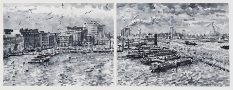 Houthaven, Amsterdam,  sumi-ink,   2x (18 x 24) cm, 2/2020, huile, Amsterdam