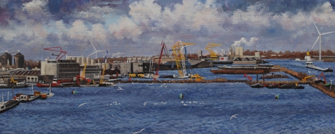 Houthaven Amsterdam, olieverf, 19 x 46 cm, 1/2008, huile, Le port d’Amsterdam