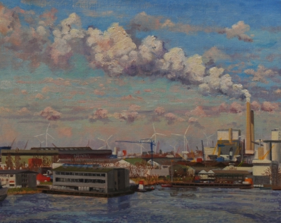 Houthaven, Amsterdam, olieverf, 30 x 38 cm, 3/2009, huile, Le port d’Amsterdam