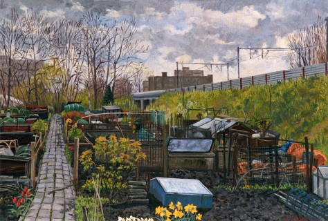 Volkstuin Bos en Lommer, Amsterdam, olieverf, 35 x 50 cm, 2001, huile, Jardin ouvrier, Amsterdam