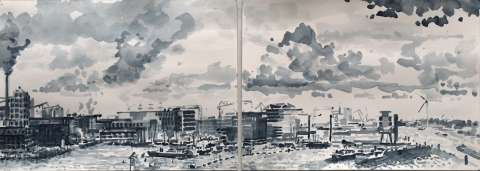 Houthaven, Amsterdam, sumi-inkt, 18 x 51 cm, 10/2019, encre sumi, Le port d'Amsterdam