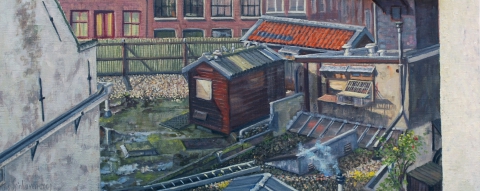 Uitzicht Brouwersgracht 673, Amsterdam, olieverf, 19 x 46 cm, 5/2009, huile, Amsterdam