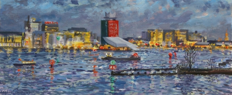 Uitzicht Silodam richting Shellgebouw, A’dam, olieverf, 19 x 46 cm, 1/2012, huile, Amsterdam