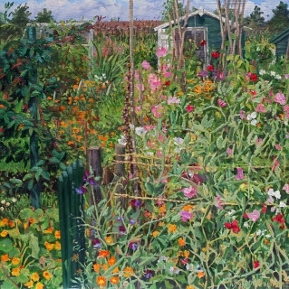 Tuintje Adri, Landsmeer, olieverf, 35 x 35 cm, 9/2012, huile, Jardin ouvrier, Landsmeer