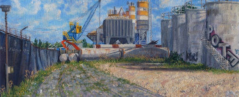 Metselspeciecentrale A’dam MSA, Cruquiusweg, olieverf, 19 x 46 cm, 9/2013, huile, Usine de mortier à Amsterdam