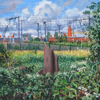 Museum Het Schip vanuit Westerpark, A’dam, olieverf, 30 x 30 cm, 7/2015, huile, Amsterdam