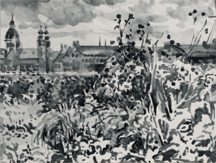 Voedseltuin IJplein, sumi inkt, 24 x 30 cm, 9/2018, encre sumi, Potager à Amsterdam