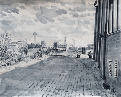 Bij pont Zamenhofstraat, Amsterdam, sumi-inkt , 24 x 30 cm, 6/2020, encre sumi, Amsterdam