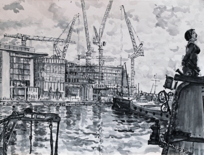 Oosterdokskade, Amsterdam, sumi-inkt , 30 x 40 cm, 9/2020, encre sumi,  Amsterdam