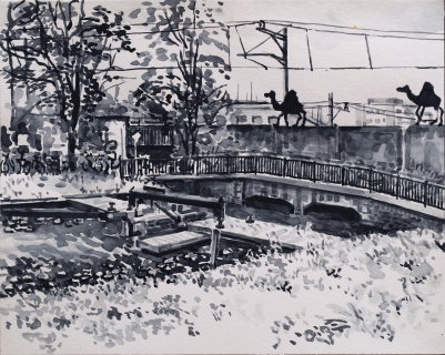 Fata Morgana op de Spoorbrug Ringvaart Amsterdam, sumi-inkt , 24 x 30 cm, 9/2020, encre sumi, Amsterdam