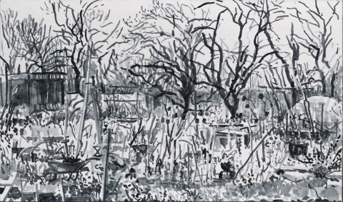 Mijn Stadstuin, Geuzenveld, sumi-inkt, 17 x 30 cm, 2/2021, encre sumi, Geuzenveld